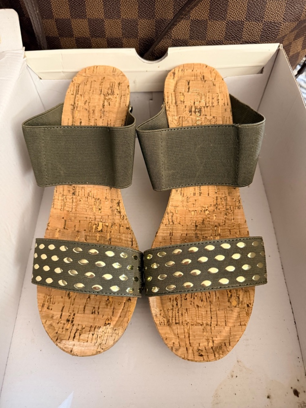 Cato Olive Green Cork Slide Sandals with Gold Studs